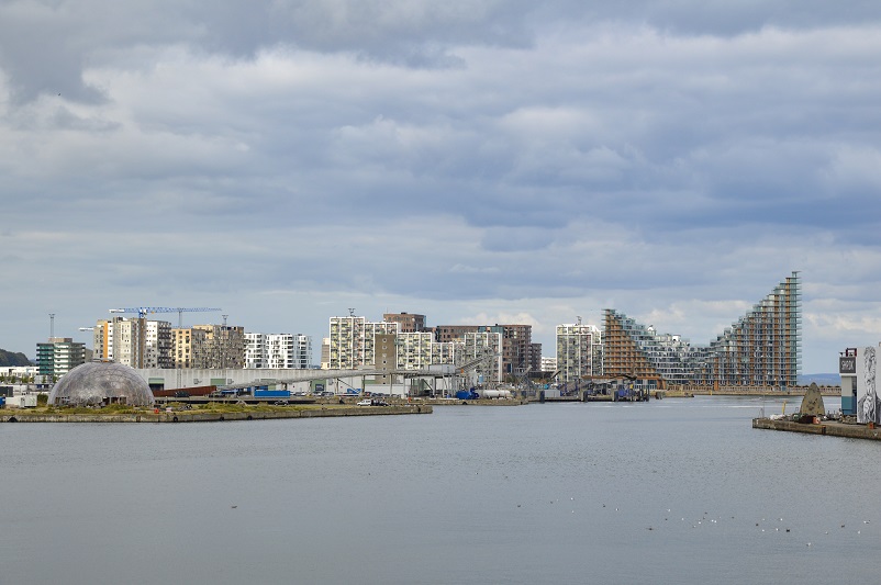 View of Aaarhus harbor with modern buildings