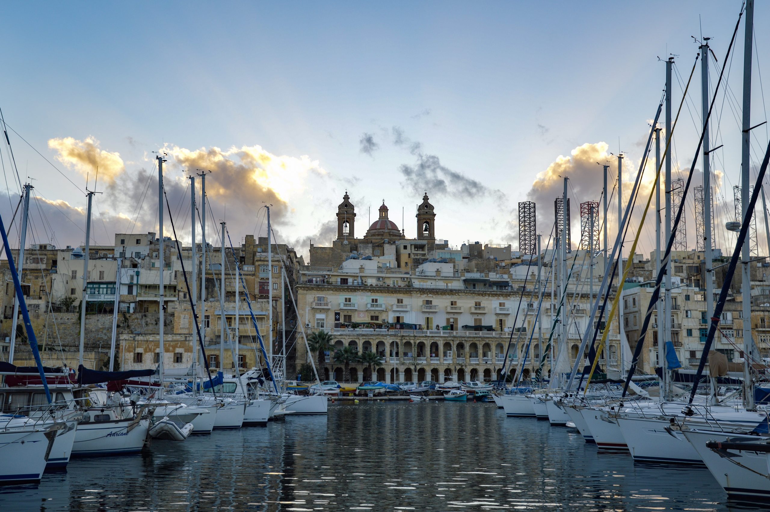 Harbor in Birgu, Malta at sunset