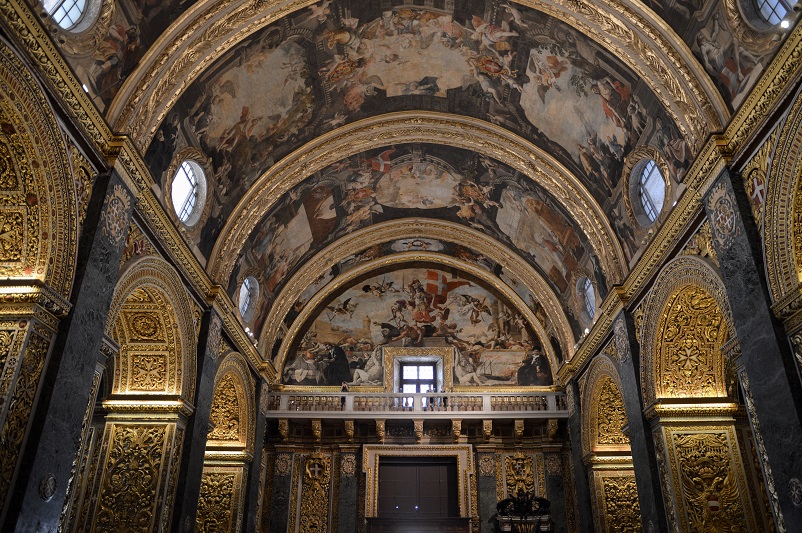 Painted and gilded arched ceiling of St. John’s Co-Cathedral in Valletta