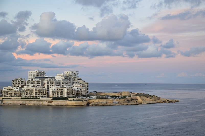 View of modern buildings on a peninsula jutting into the water: Sliema, Malta