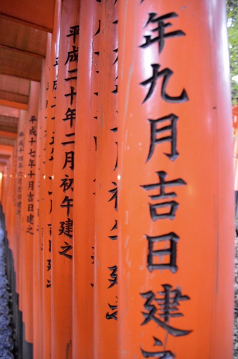 Close up shot of the orange torii gates at Fushimi Inari-taisha in Kyoto