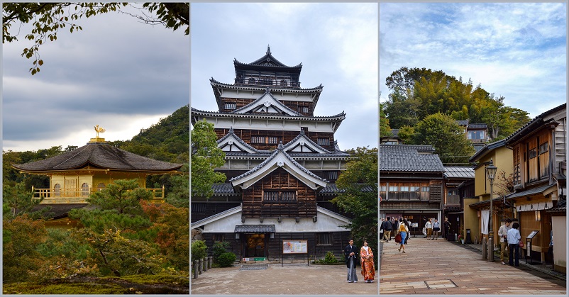 Three pictures of Japan: Golden Temple, Osaka Castle, Kanazawa street