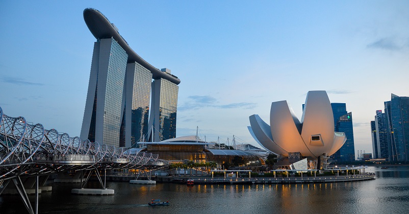 Modern buildings in Singapore at sunset