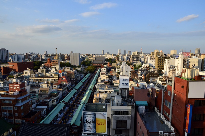 View of buildings and temple in Asakusa in Tokyo, Japan