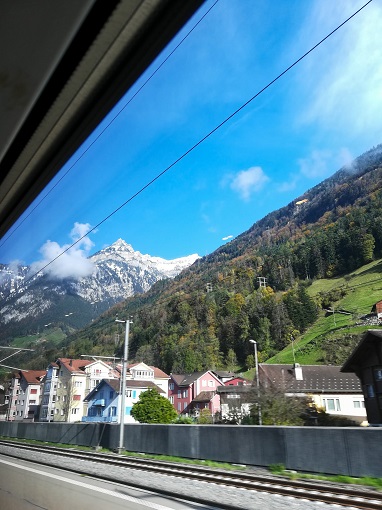A small village and mountains out the window of the Milan to Zurich train, one of the most scenic train rides we've taken