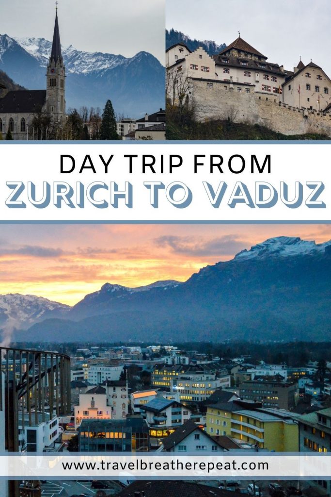 Top two photos of church and castle; bottom photo of sunset over a city backed by mountains; text overlay: day trip from Zurich to Vaduz