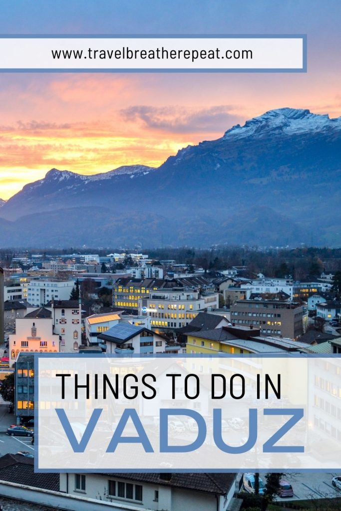 Background photo: sunset over a city backed by mountains; text overlay: things to do in Vaduz