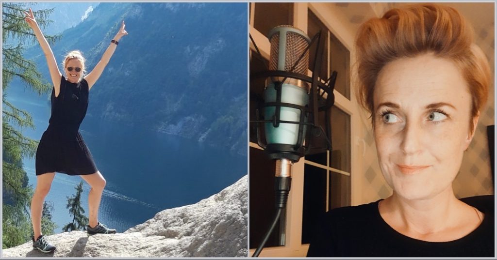 Left image: woman with blonde hair tied back wearing sunglasses holding arms in the air on a mountain ledge; Right image: close up of a woman with short blonde hair eying a microphone