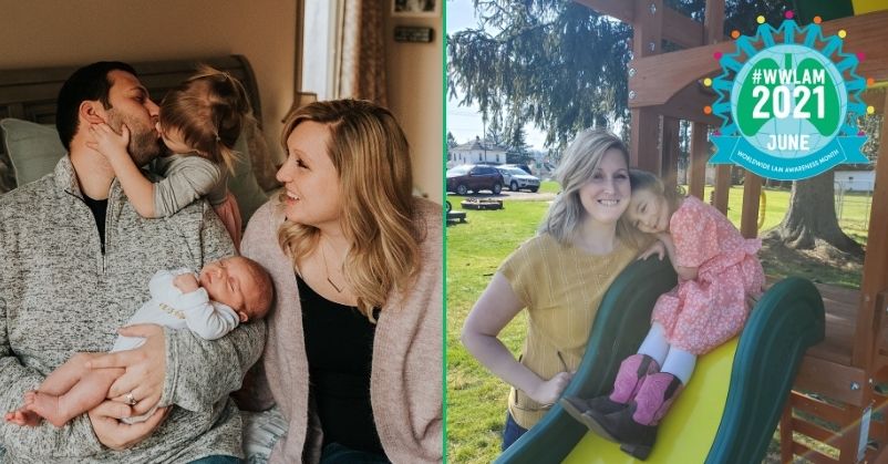 Two pictures of Meagan, a woman with LAM. At left, Meagan sits with her husband and two daughters. At right, Meagan is with one of her daughters at a playground. The WWLAM 2021 logo is overlaid.