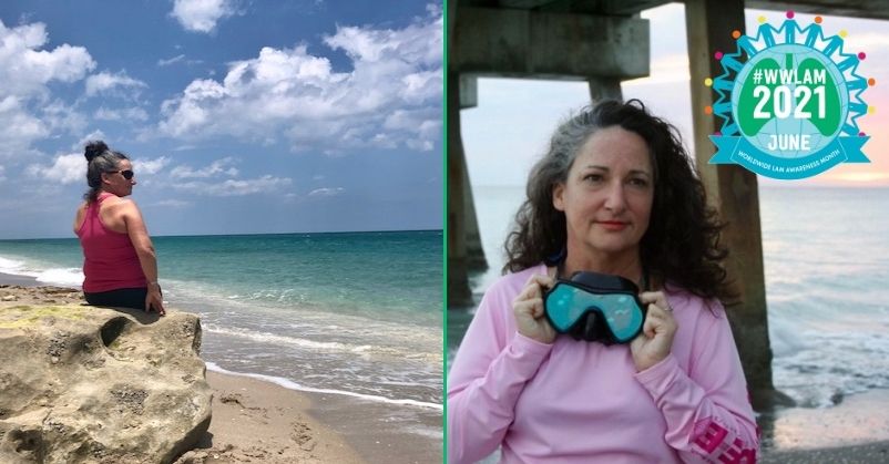 Two pictures of Sarah, a woman with LAM. At left, she sits at the beach looking at the ocean. At right, is a close up of her holding goggles in front of the ocean and a pastel sky. The WWLAM 2021 logo is overlaid.