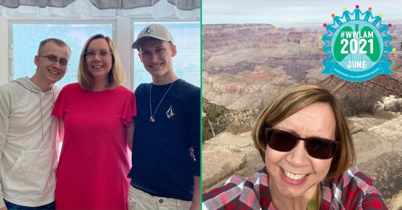 Two pictures of Susan, a woman with LAM. At left, Sarah stands flanked by her two adult sons. At right, a selfie shows Susan smiling in front of mountains. The WWLAM 2021 logo is overlaid.